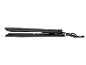 Black hair straightener with gold accents and cord, side view.