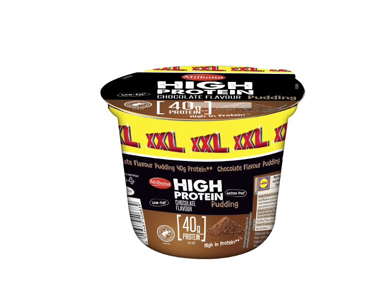 High protein chocolate pudding, low-fat, lactose-free, with 40g protein per pot.