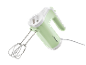 Light green and white hand mixer with two wire beaters and a power cord.