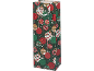 Green Christmas gift bag with colorful baubles and a matching tag.