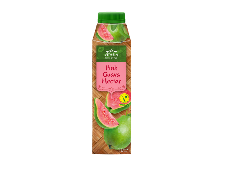 Bottle of pink guava nectar with Thai style and Vegan label, 1 liter.