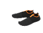 A pair of black water shoes with orange accents.