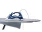 White and blue steam iron on an ironing board with a grey cloth.