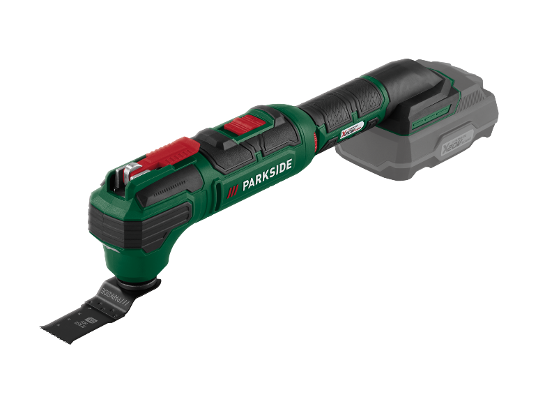 Cordless multi-tool with a saw blade, green and black, with a battery.