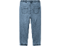 Blue children's denim jogger trousers with elasticated waist and ankles.