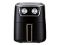 Black air fryer with silver temperature and timer control knobs.