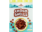 Box of chocolate cereal shells with a bowl of cereal and milk, highlighting whole grain and vitamins.