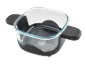 Square glass baking dish with a black plastic holder.