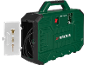 Green portable air compressor with accessories and a red on/off switch.