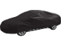 Black car cover, fully covering a vehicle, with visible wheels.