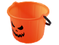 Orange Halloween bucket with a carved pumpkin face and a black handle.