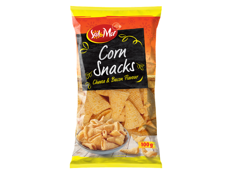 Bag of corn snacks with cheese and bacon flavor, with a bowl of snacks.