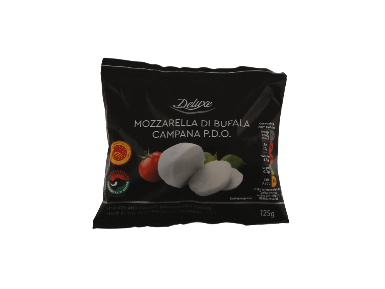 Black packaged buffalo mozzarella with tomatoes and basil leaves.