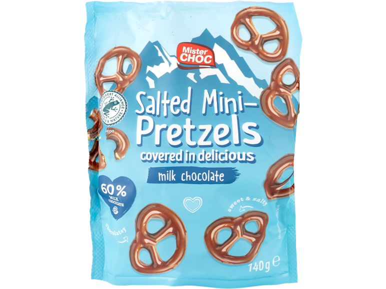 Bag of salted mini pretzels covered in delicious milk chocolate, 140g.