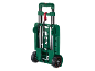 Green foldable transport trolley with telescopic handle and elastic straps.