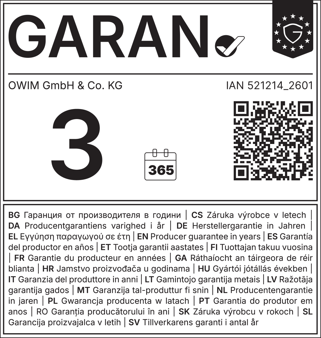 Manufacturer's guarantee seal for 3 years (365 days), IAN 521214_2601.
