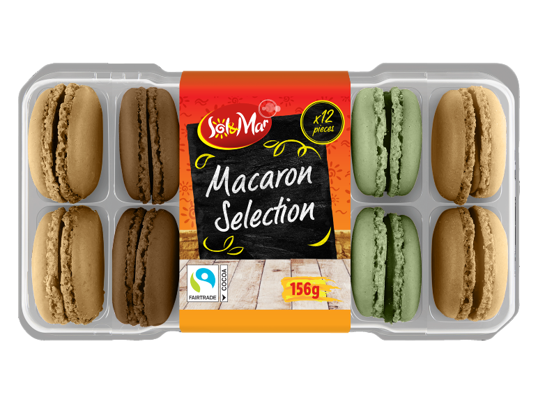 Selection of 12 macarons: brown, chocolate, and green, with 'Macaron Selection' on the packaging.