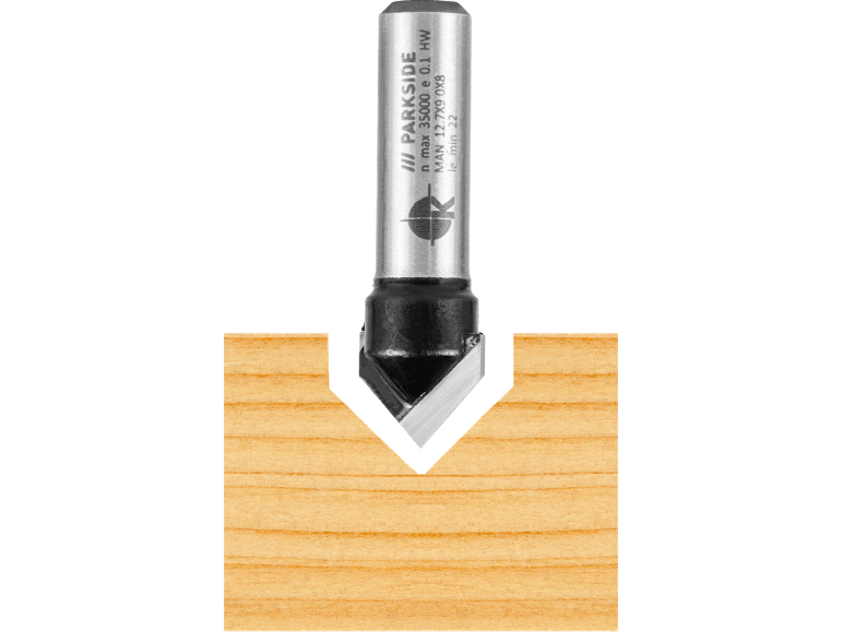 Wood router bit forming a V-groove, with inscription on the shank.