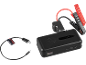 Black portable battery jump starter with red and black jumper clamps, and a USB charging cable.