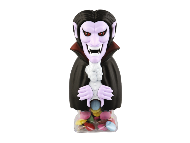 Vampire candy dispenser with black cape and red eyes, filled with colorful candies.