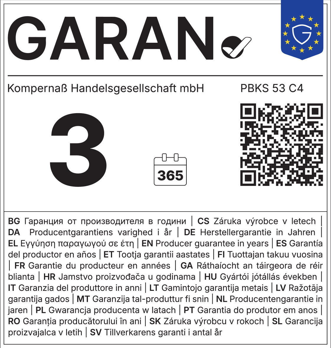 Producer guarantee 3 years, 365 days, with QR code and number PBKS 53 C4.