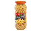 A glass jar of chickpeas with a label that says 'Grão-de-bico Chickpeas' and '540 g'.