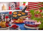 Person making pancakes in a special pan, with American kitchen decor.
