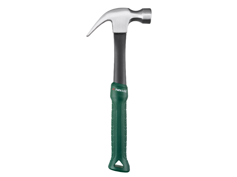 Claw hammer with a green handle and a black rubber insert