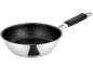 A shiny silver-colored saucepan with a black non-stick coating and a black handle.
