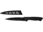 Black kitchen knife with a black blade and a black sheath.
