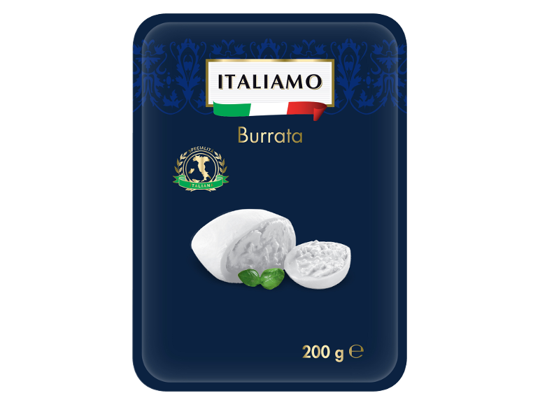Burrata cheese packaging with burrata and basil leaves, 200 g
