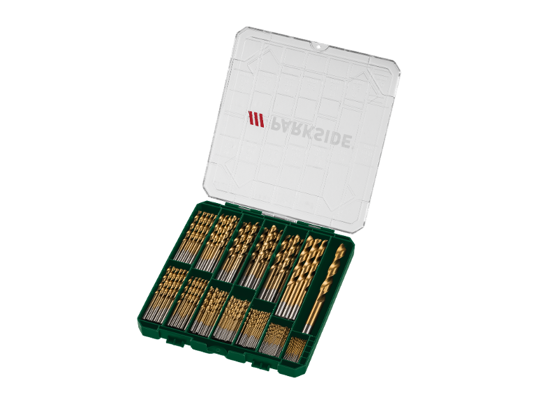A set of golden drill bits of various sizes in a green case with a transparent lid.