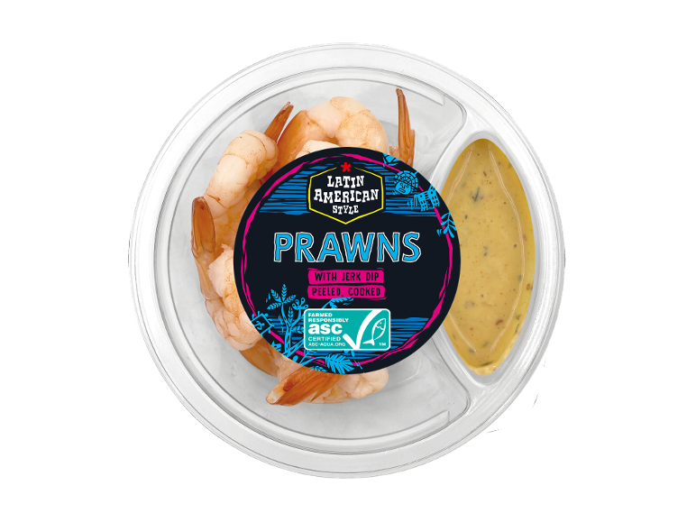 Peeled and cooked prawns, Latin American style, with jerk dip.
