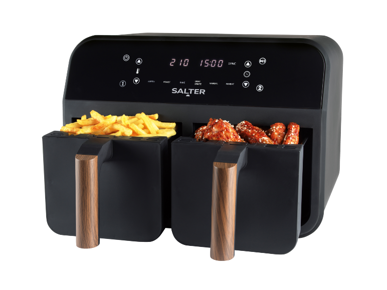 Dual air fryer with fries and chicken wings, digital display.