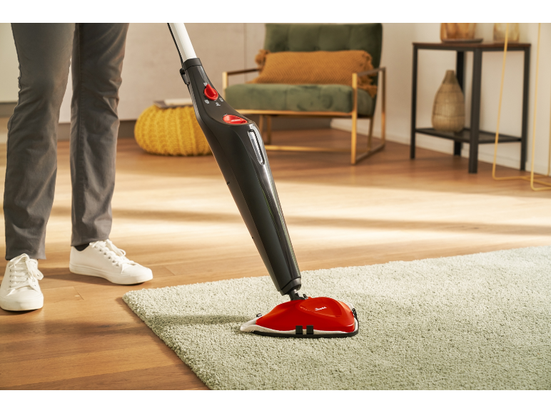 Person cleaning a rug with a steam mop in a living room.
