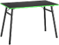 Black gaming desk with green edges and metal legs.