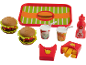 Toy food set with burgers, fries, drinks, and condiments on a tray.