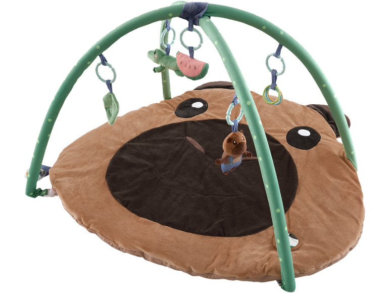Baby play mat shaped like a brown bear with a green arch and hanging toys.
