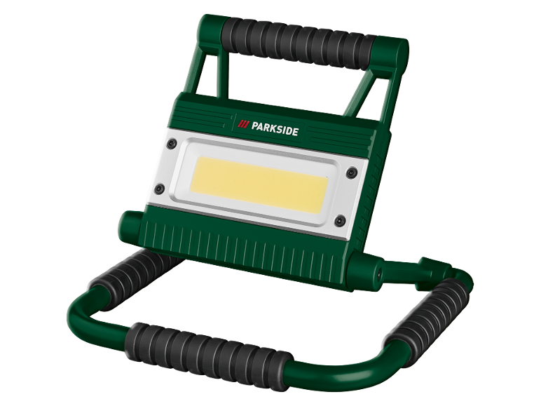 Green and white LED work light with handle and stand