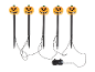 Five orange pumpkin Halloween lights with ground stakes and a controller.