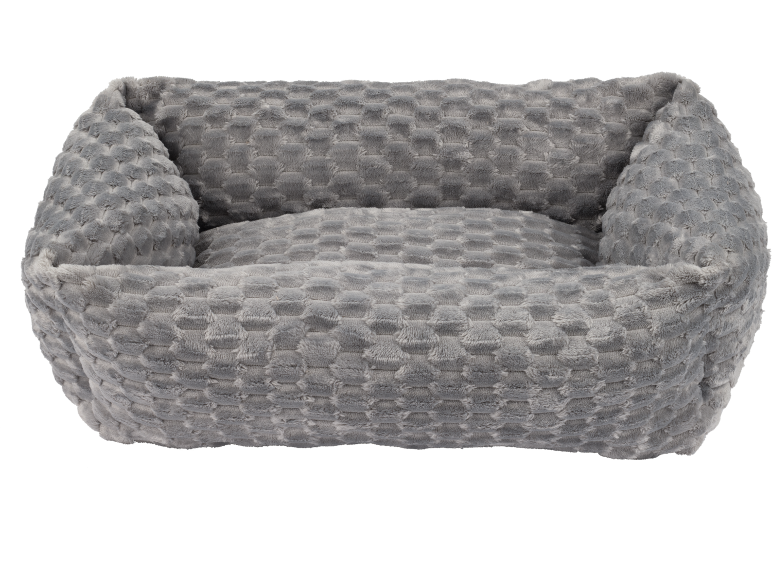 Grey plush pet bed with a textured honeycomb pattern.