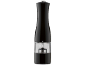 Black electric salt or pepper mill with a clear chamber and silver top.