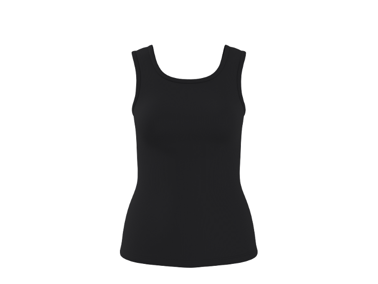 Black ribbed top with a round neckline.