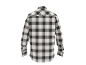 Plaid long-sleeved shirt in black and white, back view.