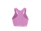 Pink sports top with a racerback and an elastic band with text.