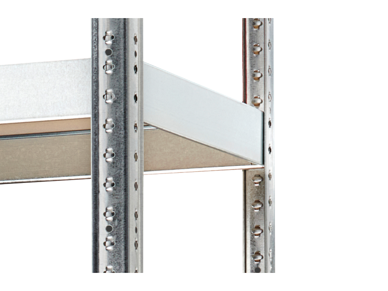 Metal shelves of a shelving unit with perforated uprights against a black background.