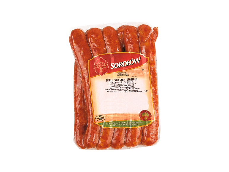 Pack of small Silesian sausages, cooked and smoked, with ingredients and storage information.