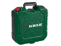 Green tool case with black handles and red clasps.