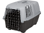 Light grey and dark grey plastic pet carrier with a wire gate.