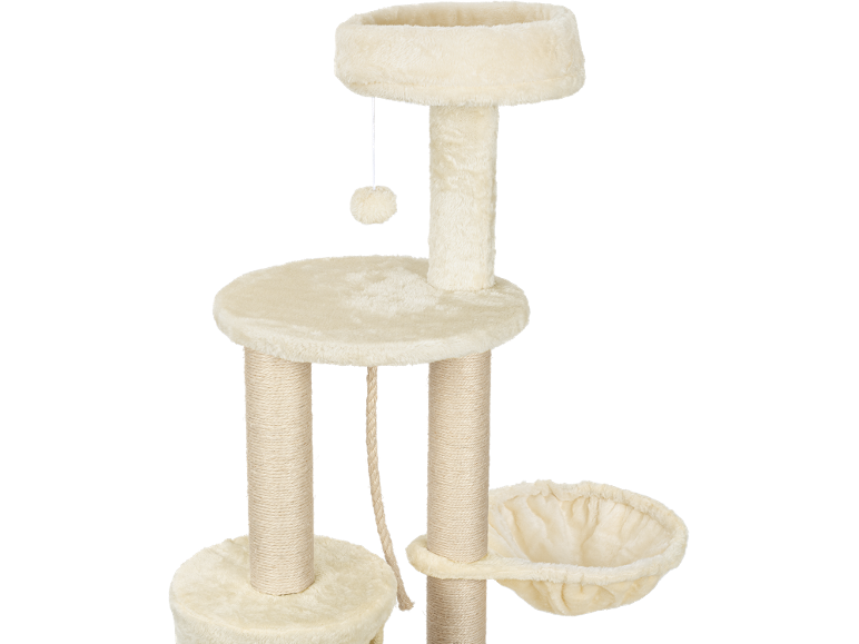 Beige cat tree with multiple levels, a scratching post, and a cozy basket.